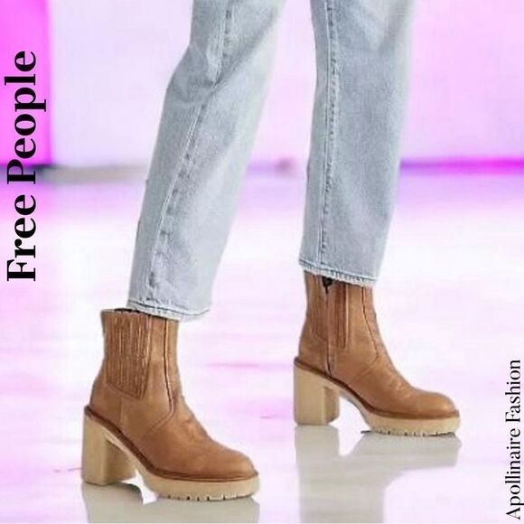 FREE PEOPLE JAMES CHELSEA CHUNKY HEEL BOOTS IN TAN SIZE 40 NEW - Picture 1 of 6